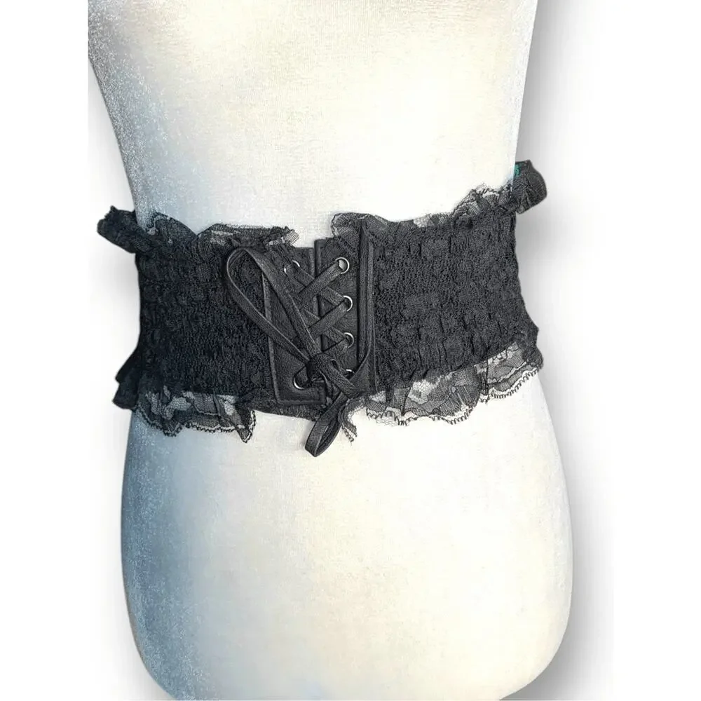 Deadstock Vintage Y2K Black Lace Corset Belt Leather Trim Statement Wide Cincher